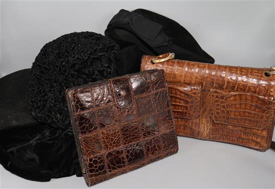 2 crocodile handbags & collection of ladies hats(-)
